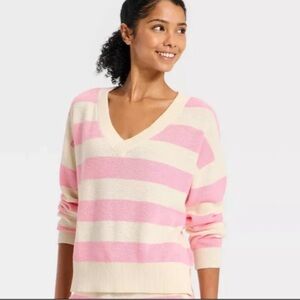 Women's Striped Pink and Whitw Stripe V Neck Sweater Top Joy Lab Size XXL